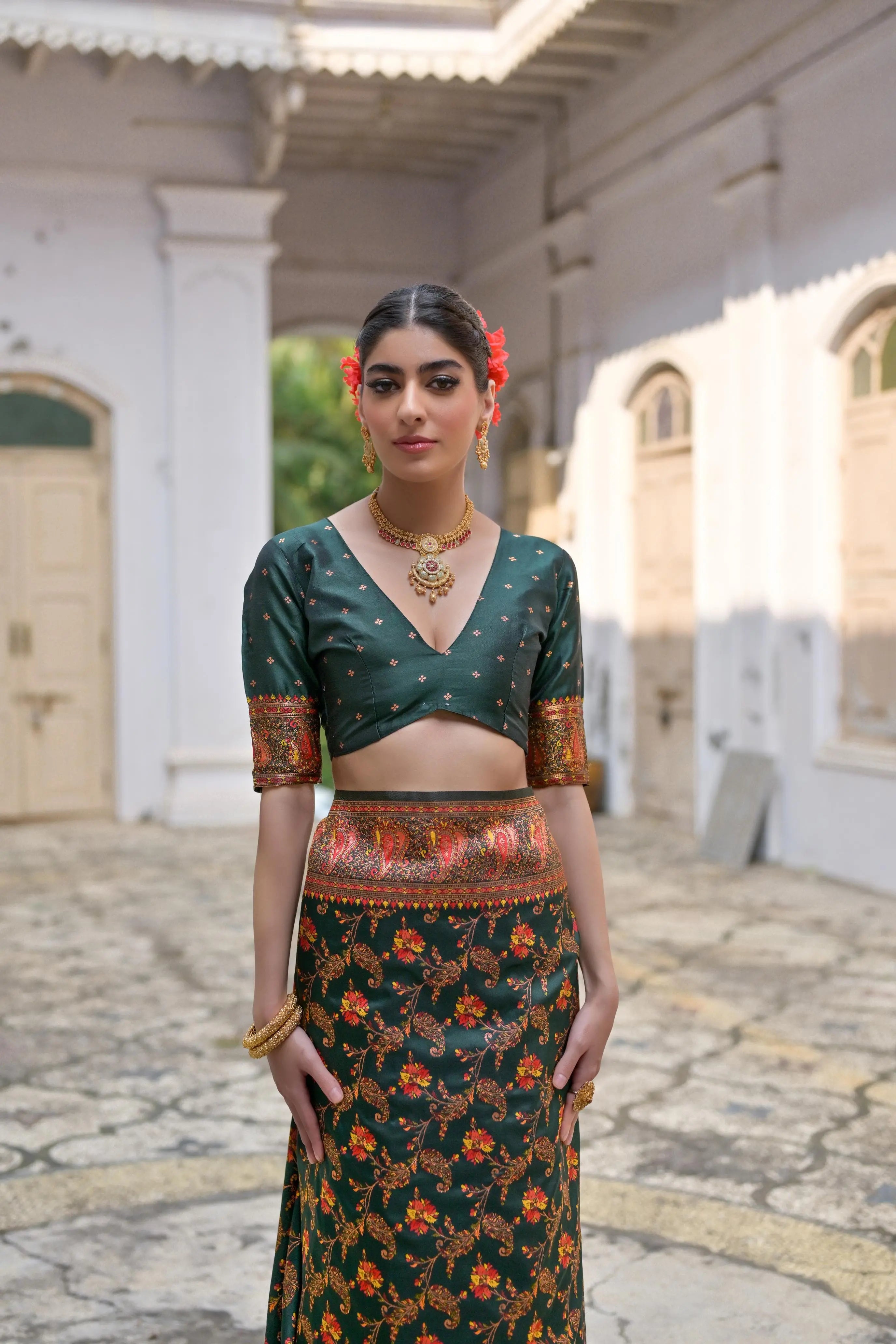 Deep Green Zari Work Soft Pashmina Silk Saree